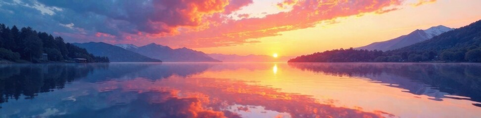 Naklejka premium Watercolor texture overlay on a serene lake surface at sunset, nature, lake