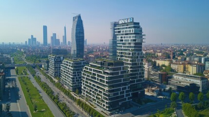 Modern high rise buildings and cityscape on a sunny day