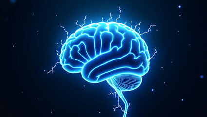 Human brain digital illustration. Electrical activity, flashes and lightning on a blue background. 