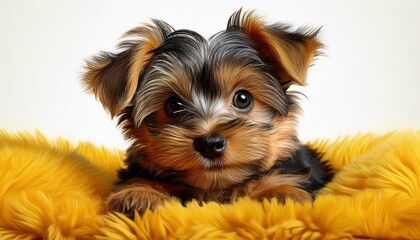 Yorkshire Terrier auf gelben Teppich, weißer Hintergrund