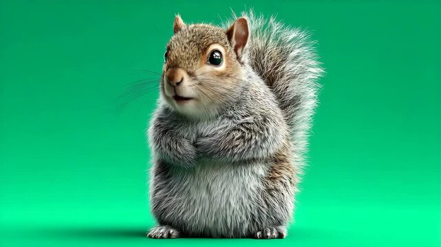 Playful squirrel standing upright with a vibrant green background, showcasing its curiosity
