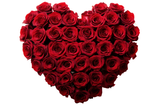 heart-shaped bouquet made entirely of deep red roses, arranged in a symmetrical pattern, Isolated on white background