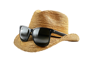 Sunglasses and a straw hat isolated on transparent background
