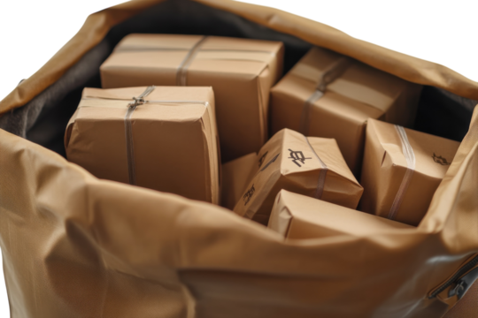A tan canvas bag overflowing with neatly tied brown packages ready for on transparent background