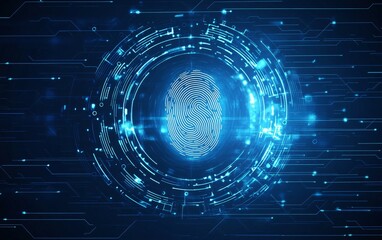 Digital fingerprint surrounded by glowing circles and lines on a dark blue background.