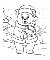 Fototapeta premium Cute bear wearing christmas hat coloring page for kids, black line art vector illustration on white background 