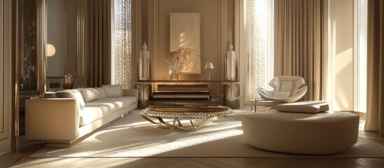 Luxurious living room interior showcasing modern furniture and bright lighting