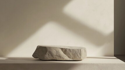 minimalist product display featuring a rough, light gray stone pedestal resting on a light beige surface