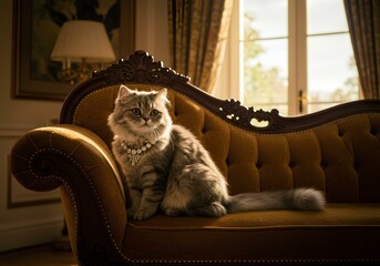 Elegant cat lounging on a vintage sofa, adorned with a sparkling necklace, basking in warm sunlight from a grand window