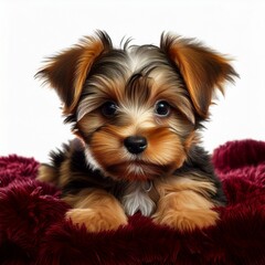 Fototapeta premium Yorkshire Terrier Welpe auf weinrotem Teppich, weißer Hintergrund