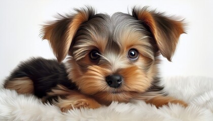 Yorkshire Terrier Welpe auf wei&szlig;em Teppich, wei&szlig;er Hintergrund