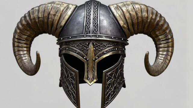 Elaborate ornate warrior helmet with golden ram horns, intricately designed medieval head protection for combat and fantasy warriors.