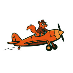 A daring squirrel stunt pilot in goggles and a scarf, soaring in a tiny biplane, in browns and sky blues.