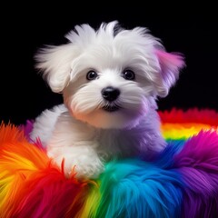 Yorkshire Terrier Welpe auf buntem Teppich, schwarzer Hintergrund