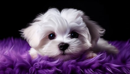 Yorkshire Terrier Welpe auf lila Teppich, schwarzer Hintergrund