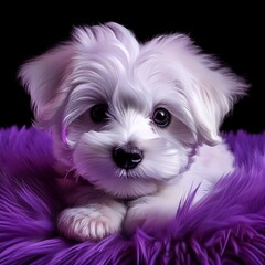 Yorkshire Terrier Welpe auf lila Teppich, schwarzer Hintergrund