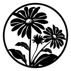 Elegant Black and White Floral Design Featuring Three Daisies in a Circular Frame