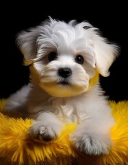 Niedlicher Malteser Welpe auf gelben Teppich, schwarzer Hintergrund