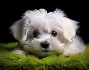 Malteser Welpe auf gr&uuml;nem Teppich, schwarzer Hintergrund