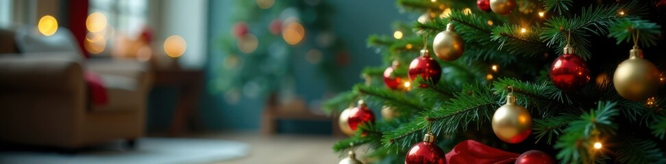 Obraz premium Decorative Christmas tree stand with greenery and ornaments, garland, holiday