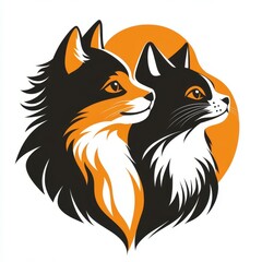 Stylized illustration of a dog and a cat with orange background representing companionship and harmony between pets