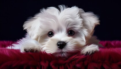 Malteser Terrier Welpe auf weinrotem Teppich, schwarzer Hintergrund