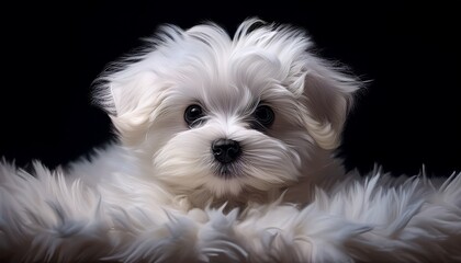 Malteser Terrier auf wei&szlig;em Teppich, schwarzer Hintergrund