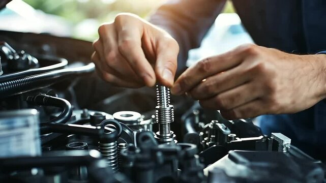 An auto mechanic&rsquo;s hands delicately handling a spark plug, preparing to install it into a well-maintained car engine, precision and expertise on display.
