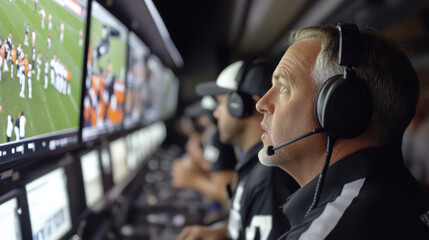 Football officials in a control room monitor live game footage on multiple screens, wearing headsets and focused on reviewing plays during a professional sports broadcast.