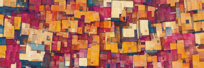 Fototapeta premium Abstract art featuring small squares in shades of orange red and purple.