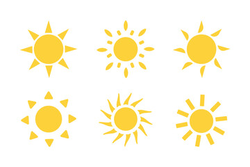 Sun icon set. Vector flat design. Collection of sun stars for use in as logo or weather icon Yellow suns circles, bright natural lighting objects
