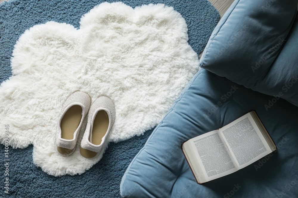 Poster cozy cloud-shaped rug with slippers and an open book in a relaxing interior space perfect for readin
