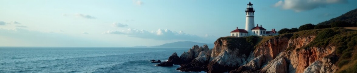 Old lighthouse standing on rocky coastline with rugged cliffs and calm sea, rocks, old