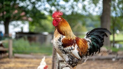 Colorful Chicken Perched on Wooden Fence in Farmyard