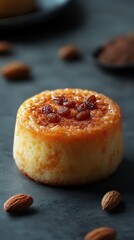 Delicious traditional dessert with caramelized top and nuts served on a dark table