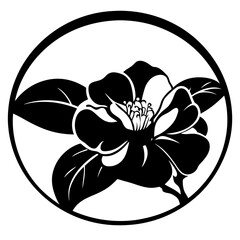 Elegant Black and White Camellia Flower in a Circle Artistic Design
