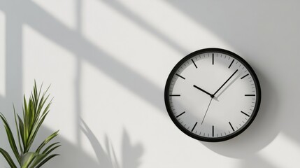 Clock on Wall with Plant and Shadow Time Management