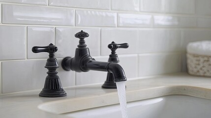 Ceramic faucet handle detail with water flow, set against monochrome ivory background.