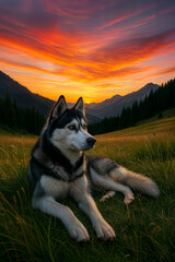 Fototapeta premium Relaxed husky on hill at dusk