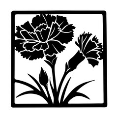 Black and White Stylized Carnation Floral Design in Square Frame Graphic Illustration