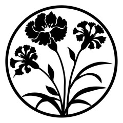 Elegant Black and White Floral Design Circular Art Three Carnations Botanical Illustration