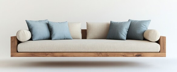 Floating wooden sofa featuring pillows against a white background