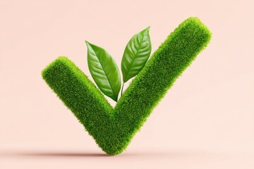 Green check mark made of grass with two leaves symbolizing ecology