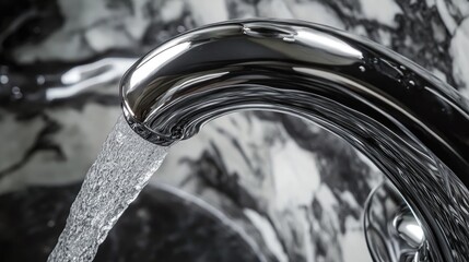 Close-up of faucet nozzle releasing water in perfect arc, silver finish, simple stone gray background.