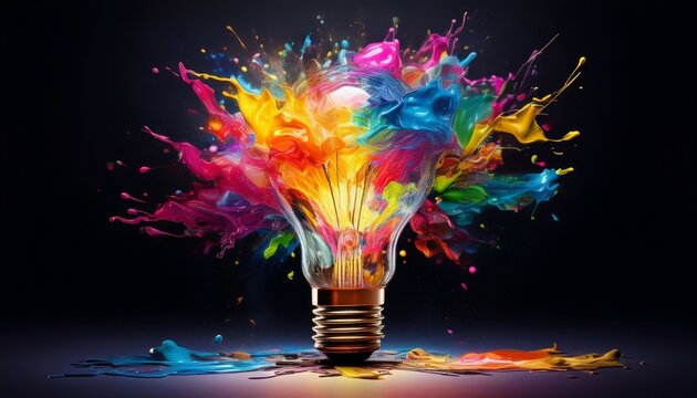 creative light bulb explodes with colorful paint and splashes on a black background think differently creative idea concept