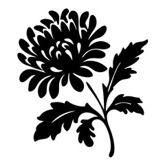 Black and White Silhouette of a Chrysanthemum Flower with Leaves