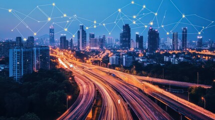 Modern Cityscape Nighttime View With Network Connecting the Metropolis