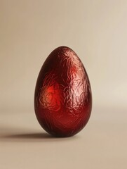 Crimson Easter Egg: A striking, solitary red chocolate egg sits elegantly, wrapped in textured foil, under a soft and focused light, radiating the festive spirit.