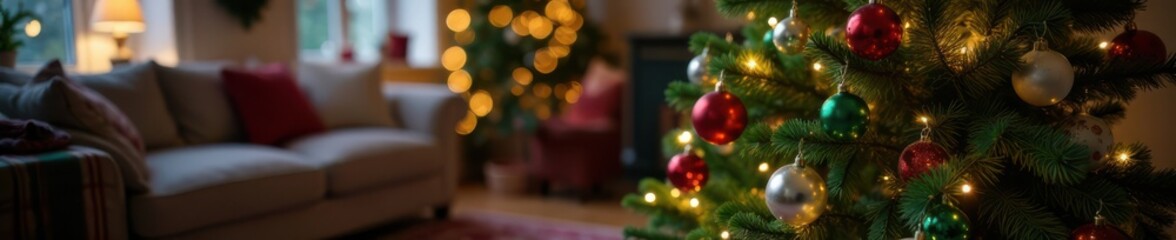 Evergreen tree in a cozy room with colorful ornaments and lights, Evergreen Tree, Christmas Colors