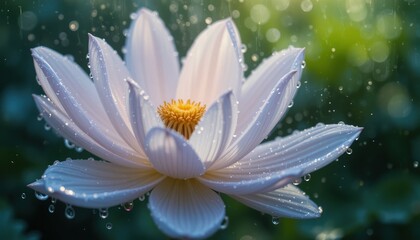 Fototapeta premium Water droplet adorning a white lotus flower serene garden nature photography fresh atmosphere close-up view beauty of natural elements